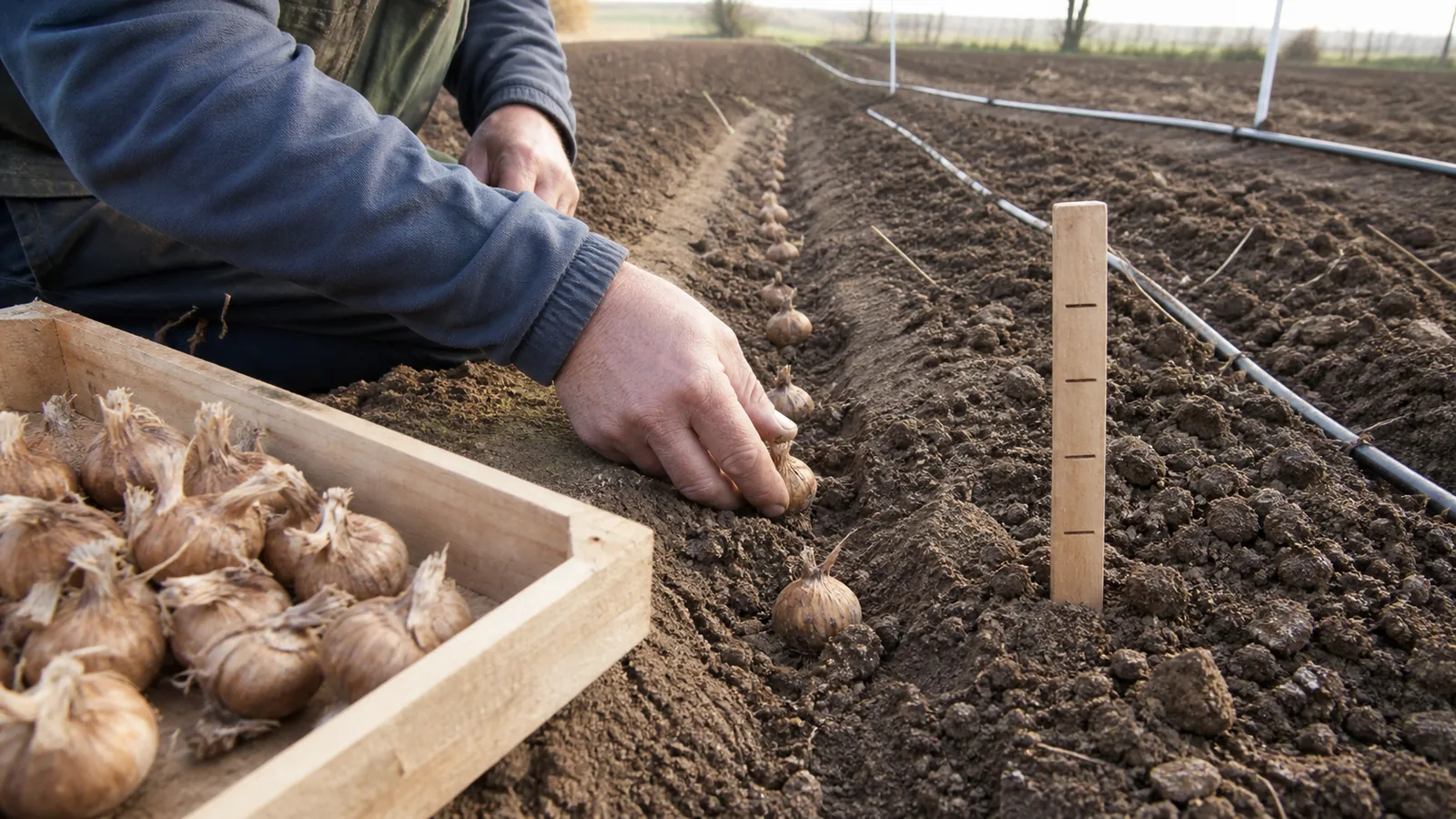 Grower planting healthy saffron corms in prepared field rows