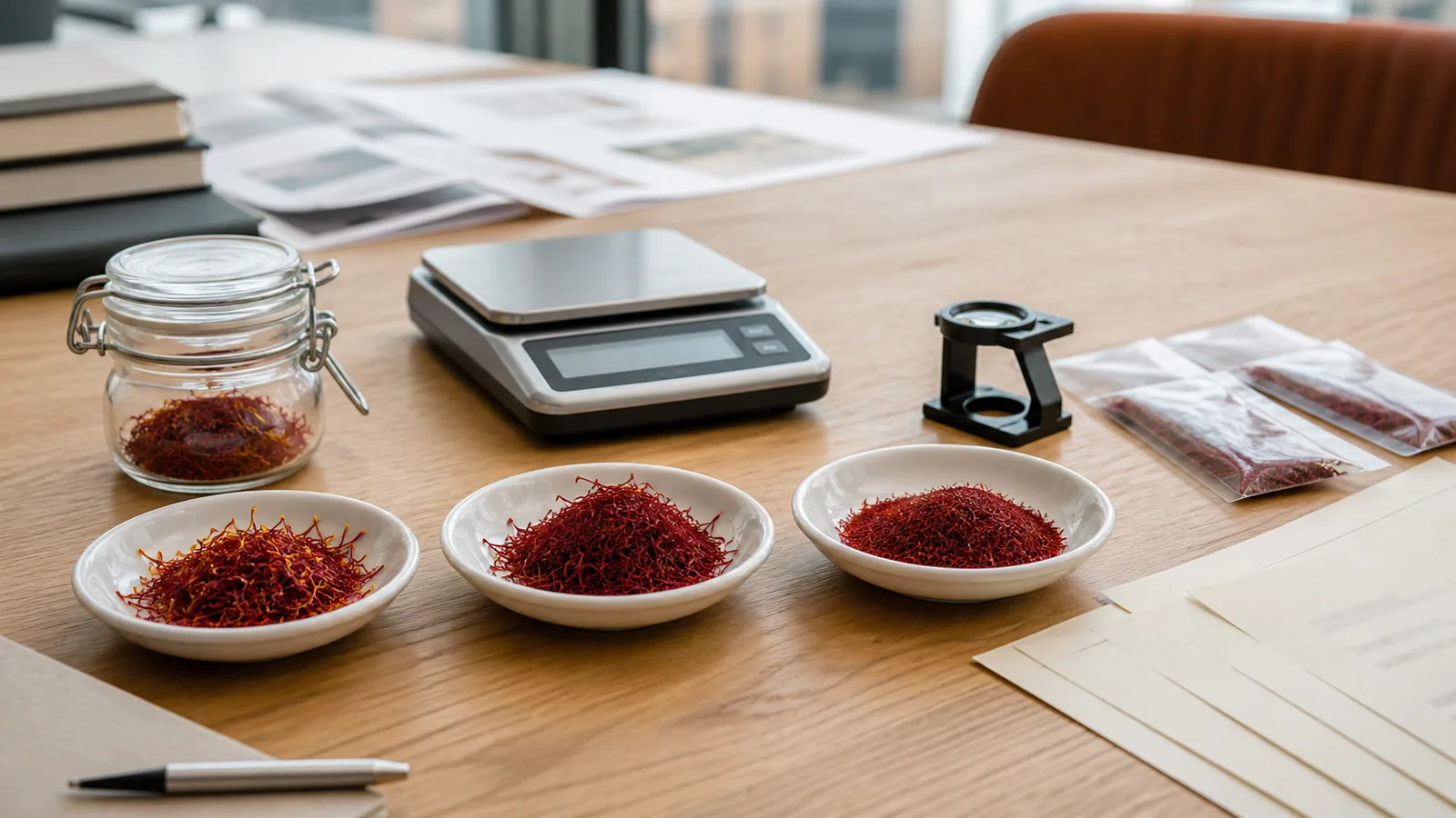 Saffron threads prepared for quality and price comparison in Europe