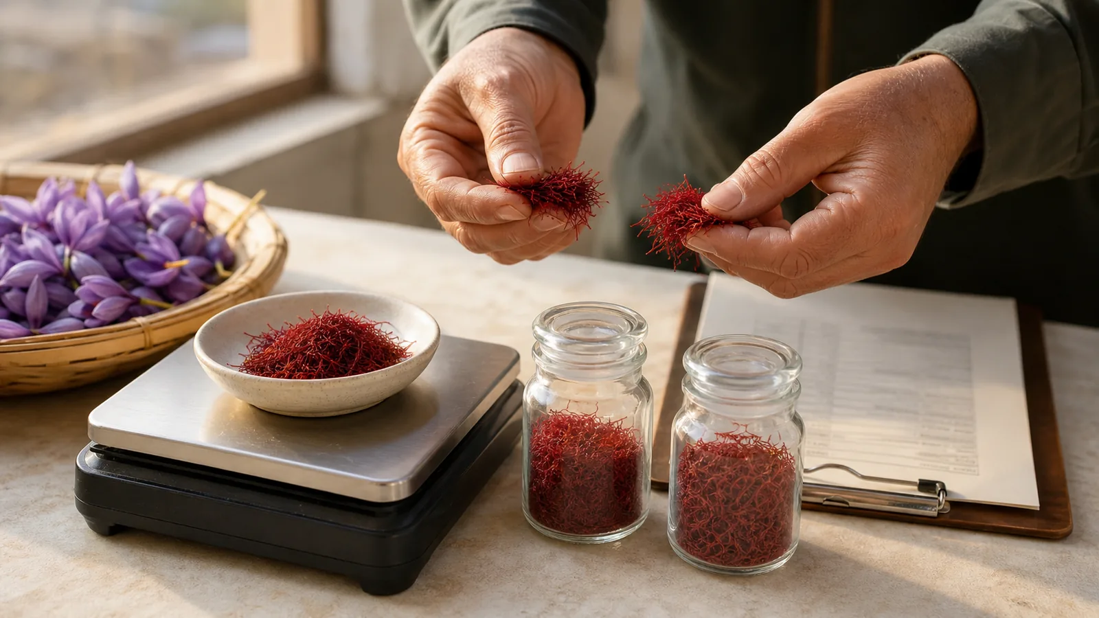 Saffron threads weighed during a stable wholesale price review