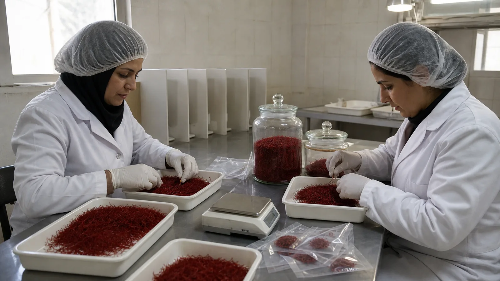 Workers grading and packing saffron in South Khorasan