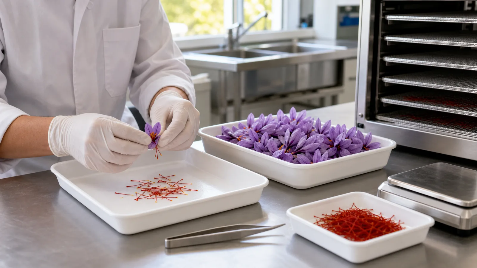 Fresh saffron stigmas separated and prepared for controlled drying