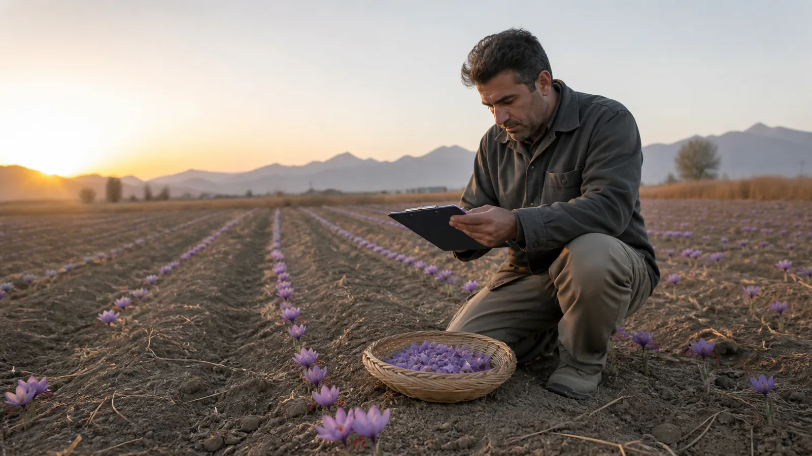Grower reviewing a light saffron harvest in a sparse field