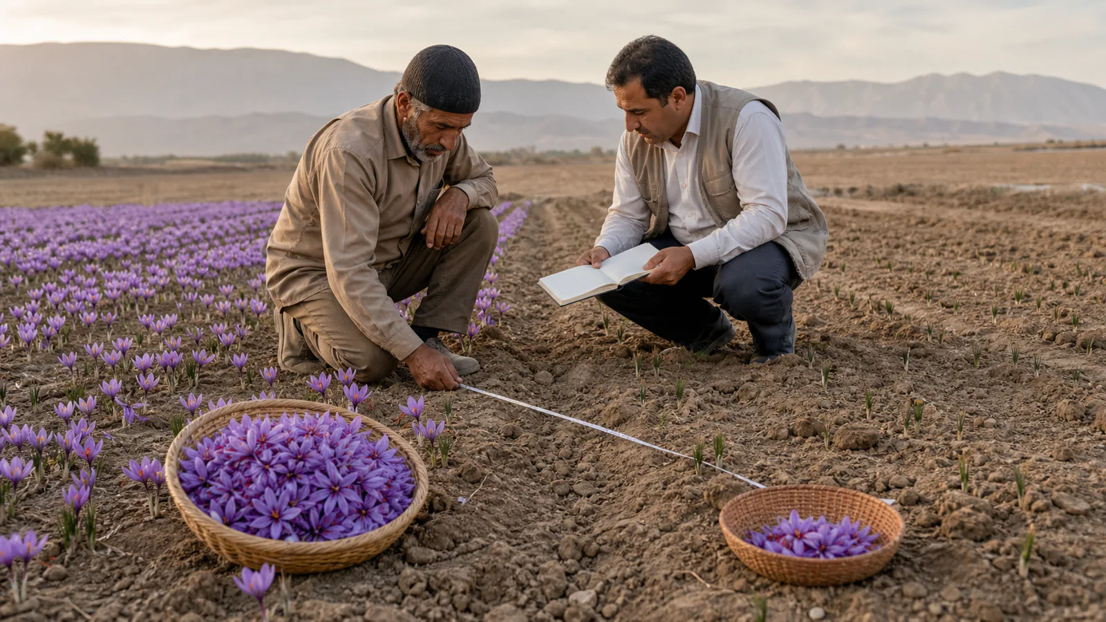 Grower and agronomist compare saffron production efficiency between two plots