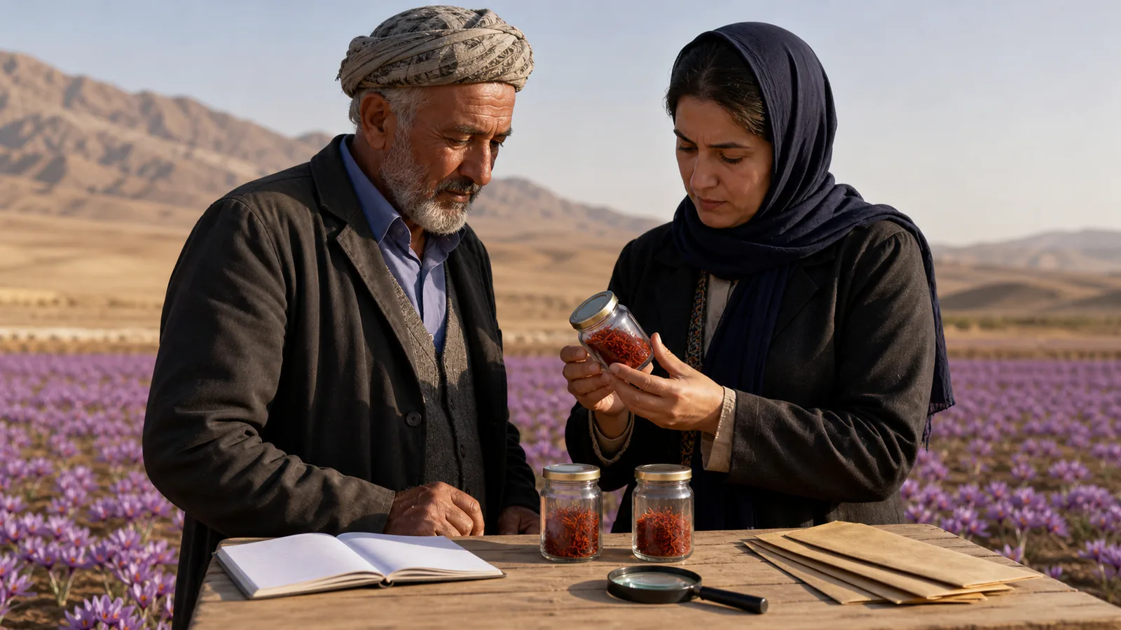 Quality inspector and grower review saffron samples for origin and traceability