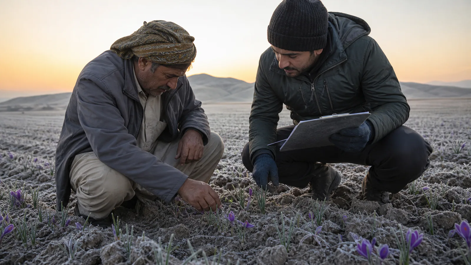 Grower and agricultural assessor inspect frost in a South Khorasan saffron field