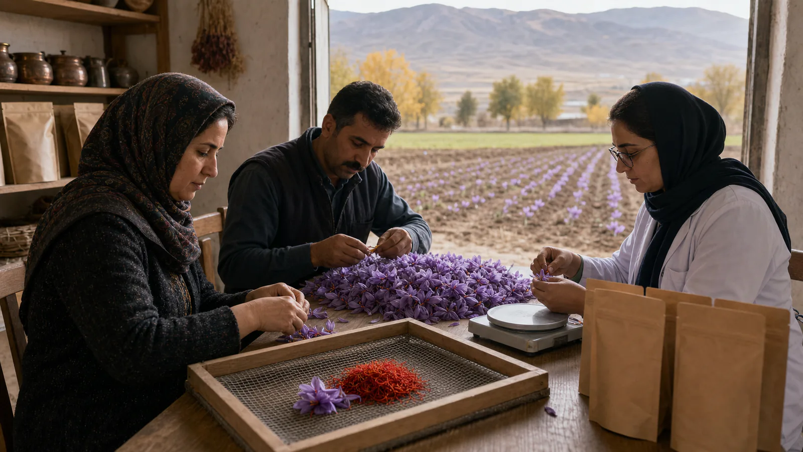 Small growers process saffron beside a regional Iranian field