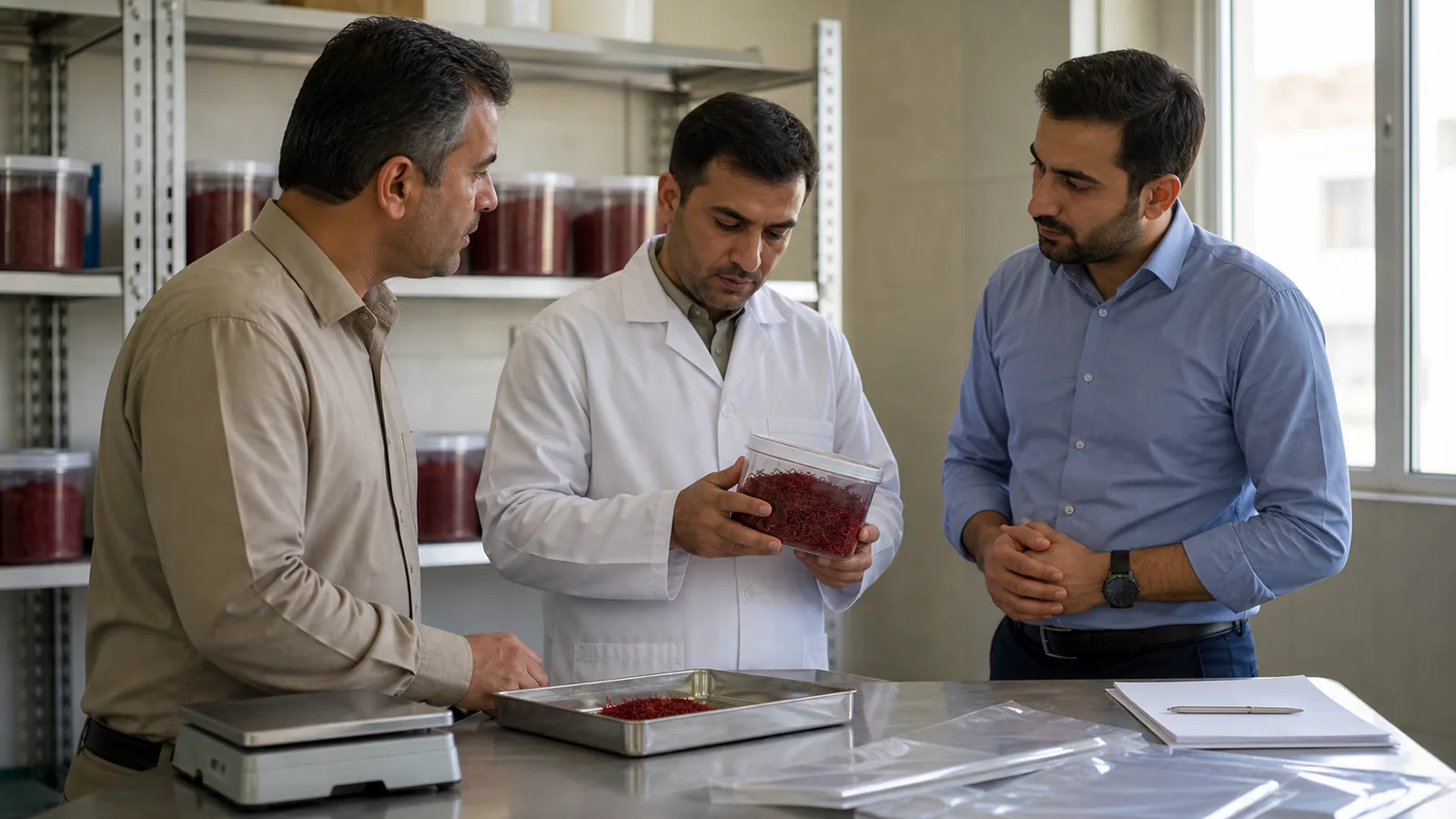 Grower, quality sampler and broker review saffron in a warehouse