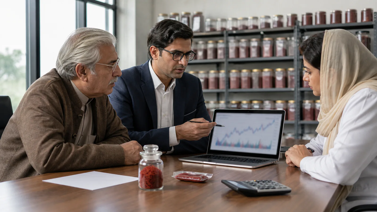 Producer and market specialists review saffron futures beside a physical sample
