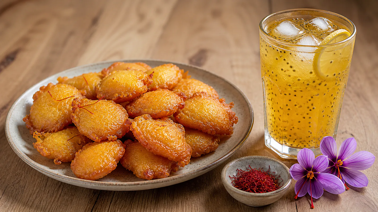 Saffron grenade sweets beside a chilled basil-seed saffron drink