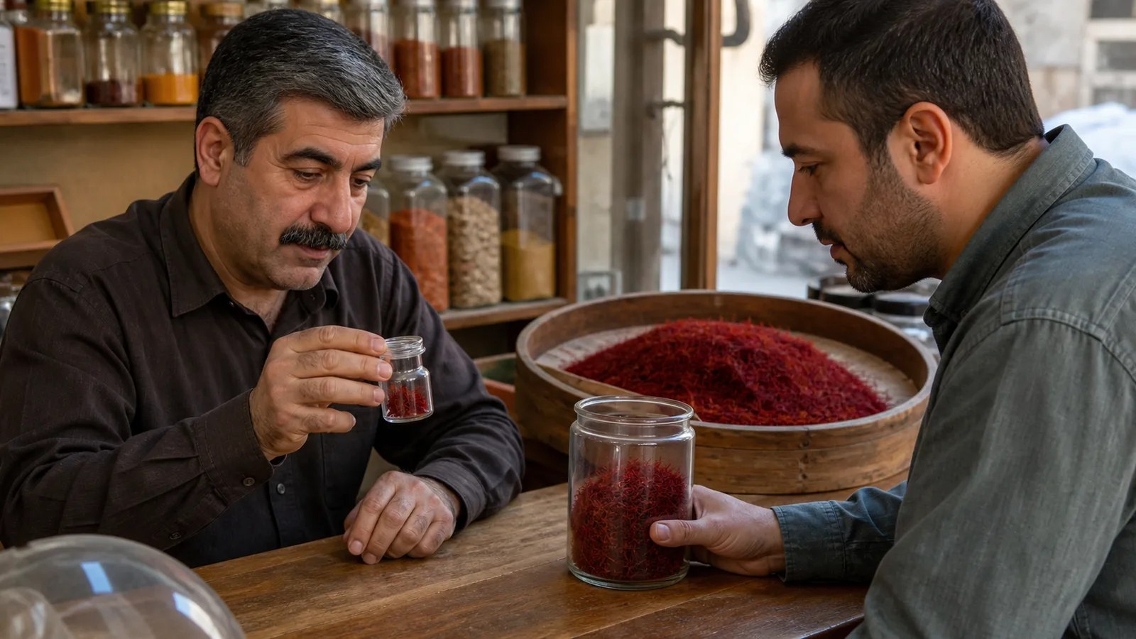 Saffron seller and customer comparing small and larger quantities in a spice shop