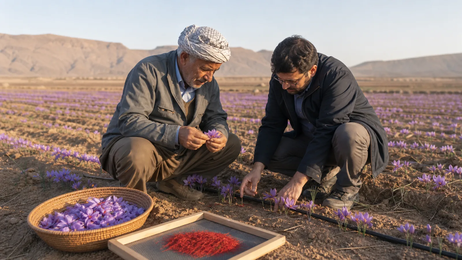 Grower and agronomist inspecting a Khorasan Razavi saffron field and irrigation line