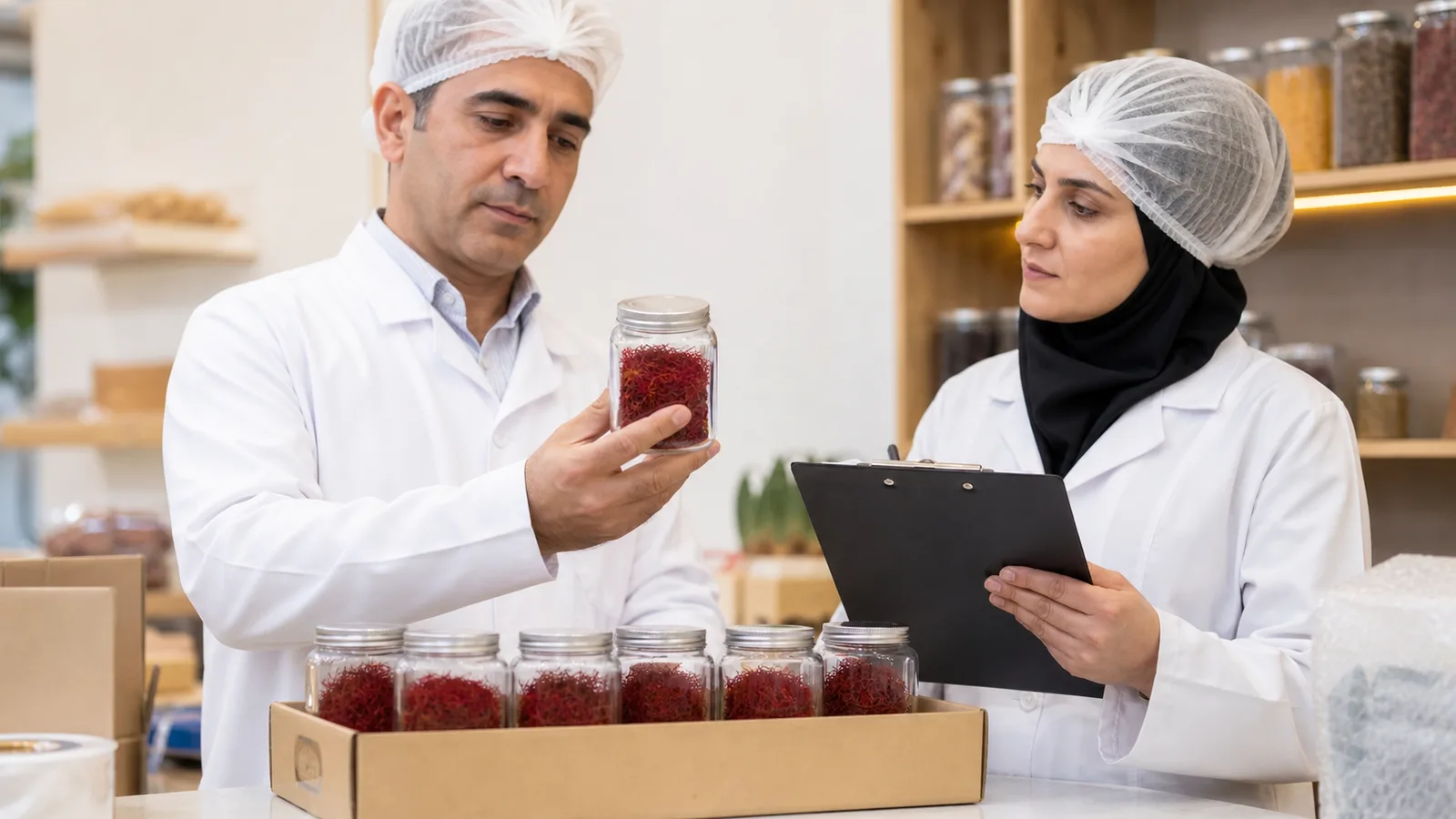 Iranian producer and compliance specialist inspecting packaged saffron for export