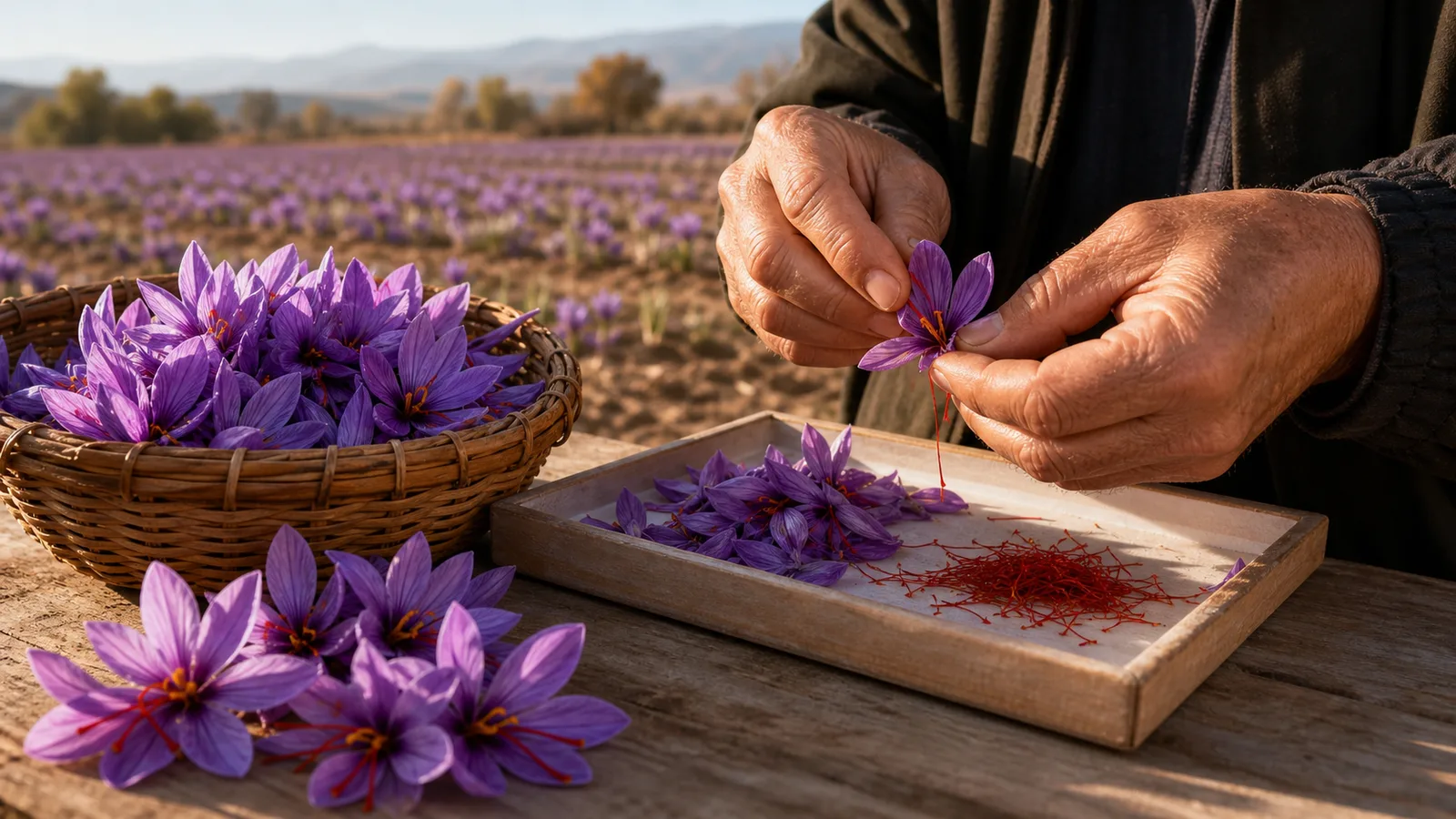 Hands separating red saffron stigmas from purple Crocus sativus flowers
