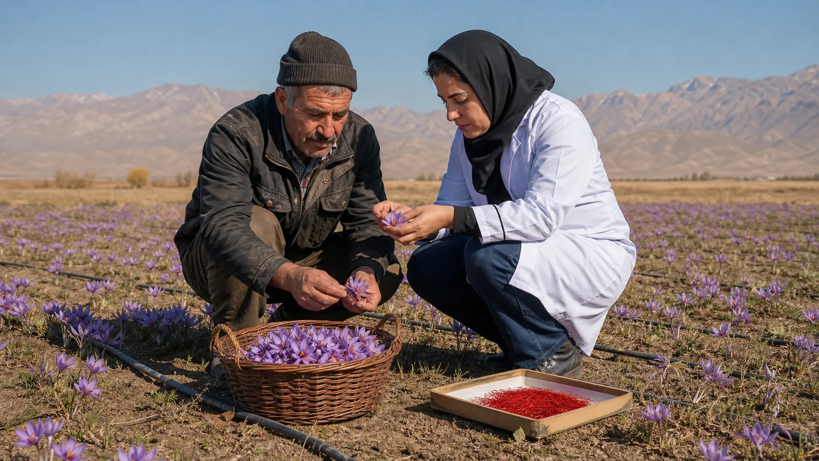 Grower and agricultural technician inspecting a saffron field in Tehran province