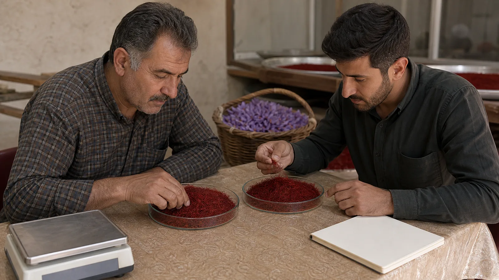 Grower and buyer comparing two wholesale saffron lots near harvest