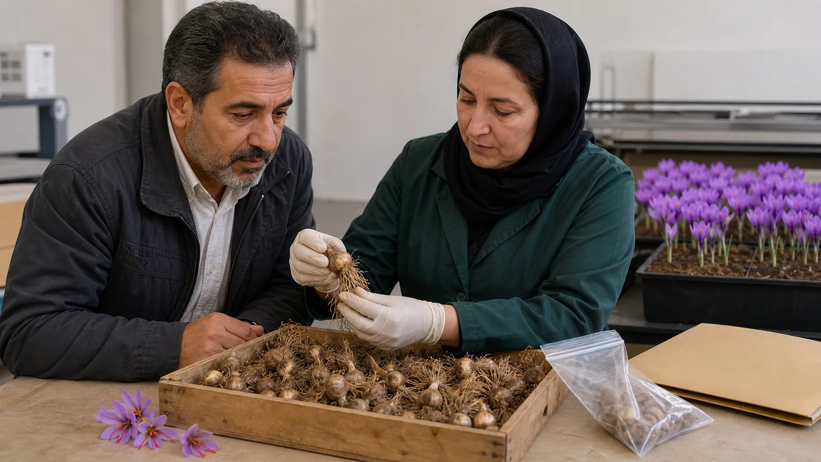 Grower and plant-health inspector examining saffron corms for planting