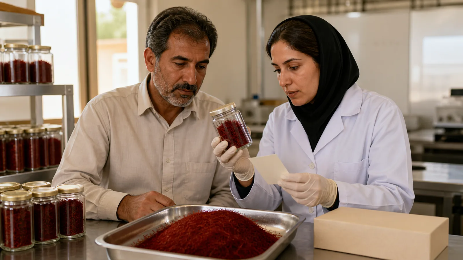 Iranian saffron producer and quality specialist reviewing export packaging