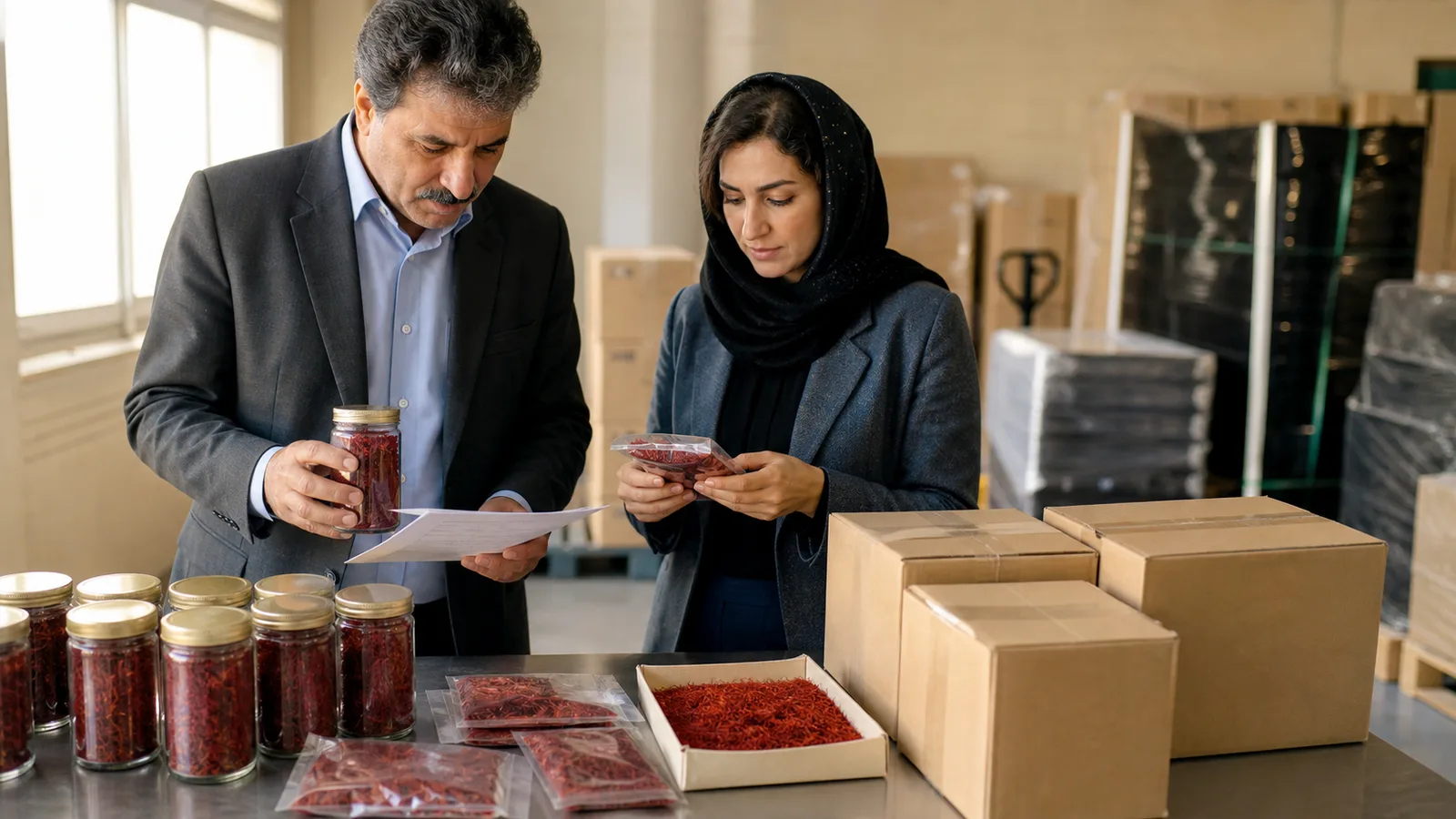 Iranian saffron producer and trade specialist reviewing export lots