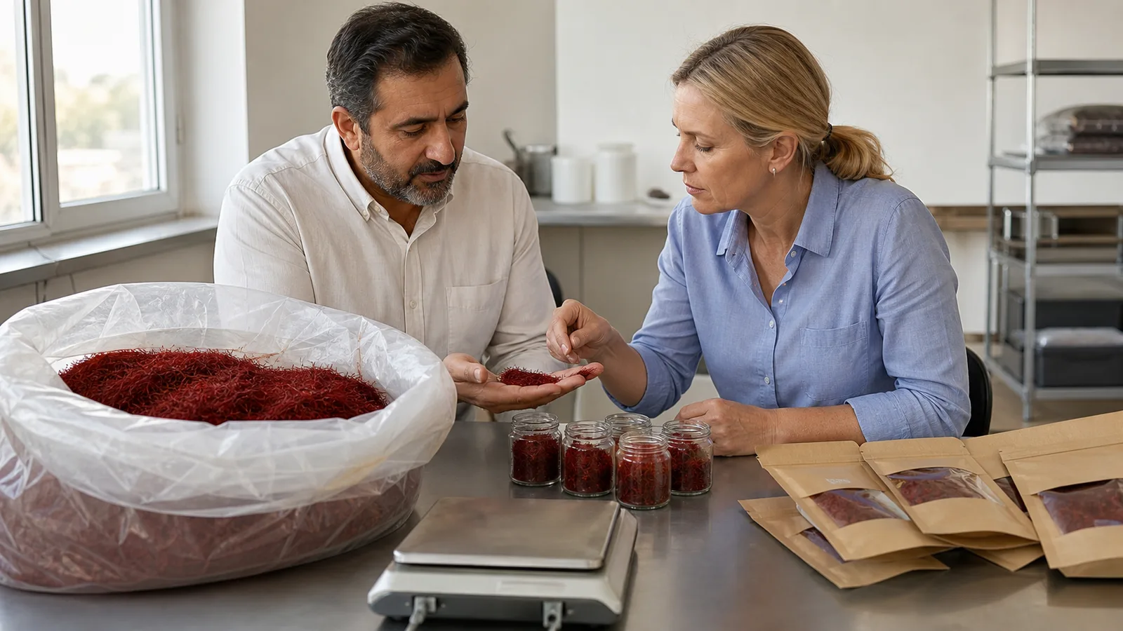 Iranian producer and European buyer comparing saffron pack sizes