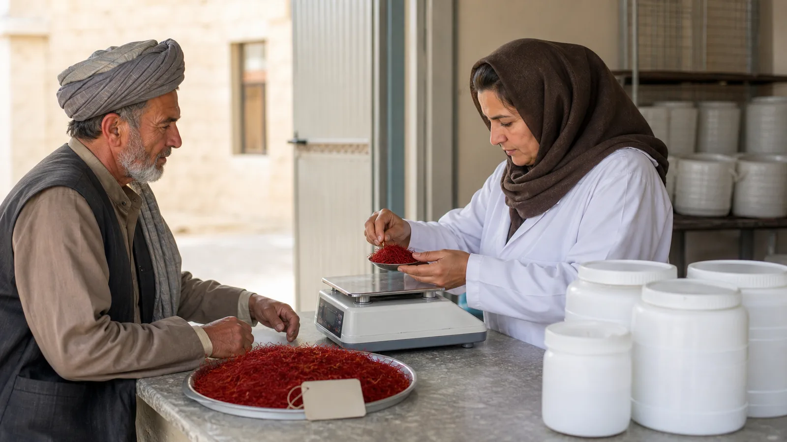 Saffron farmer and cooperative technician checking a purchase lot