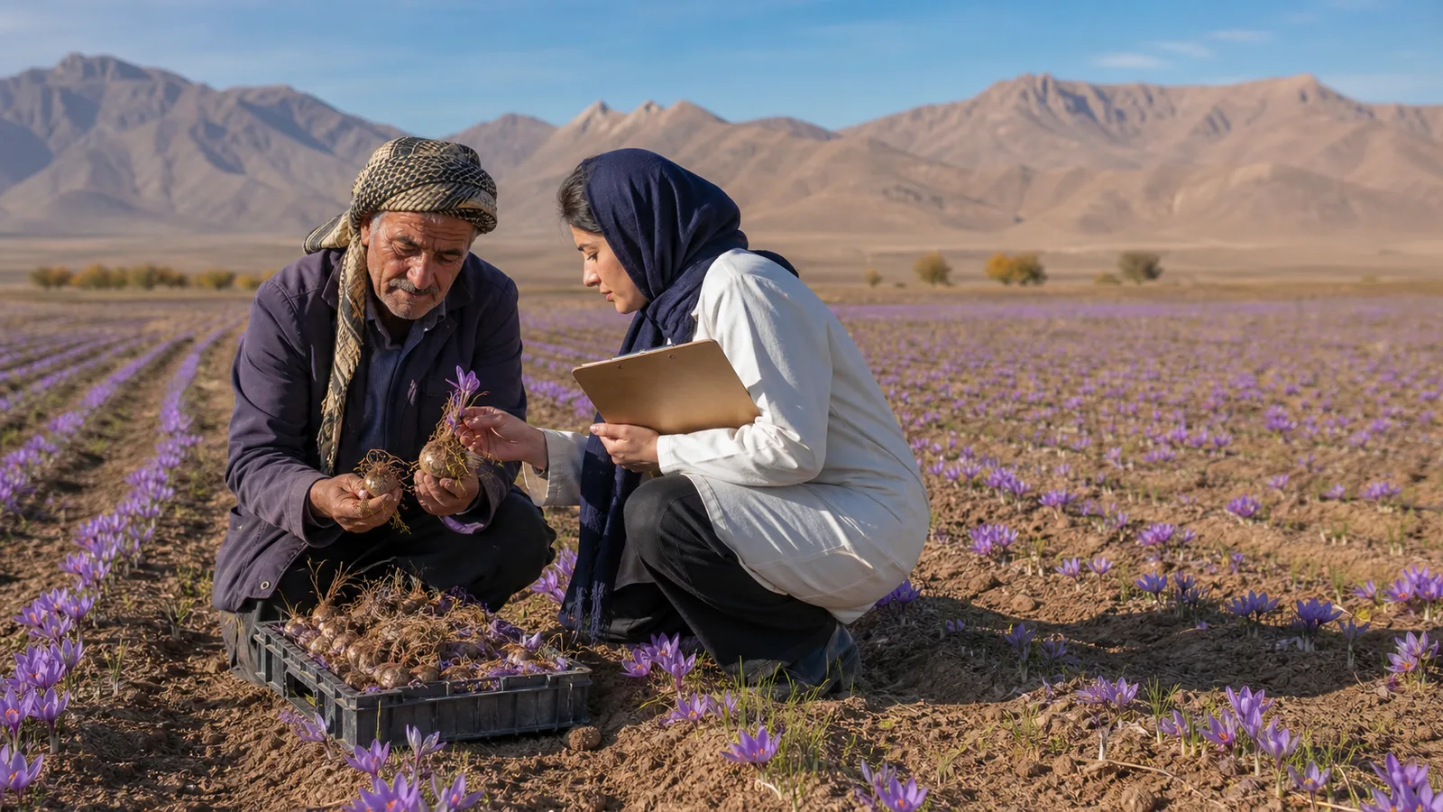 Iranian saffron grower and agronomist reviewing corms in a field