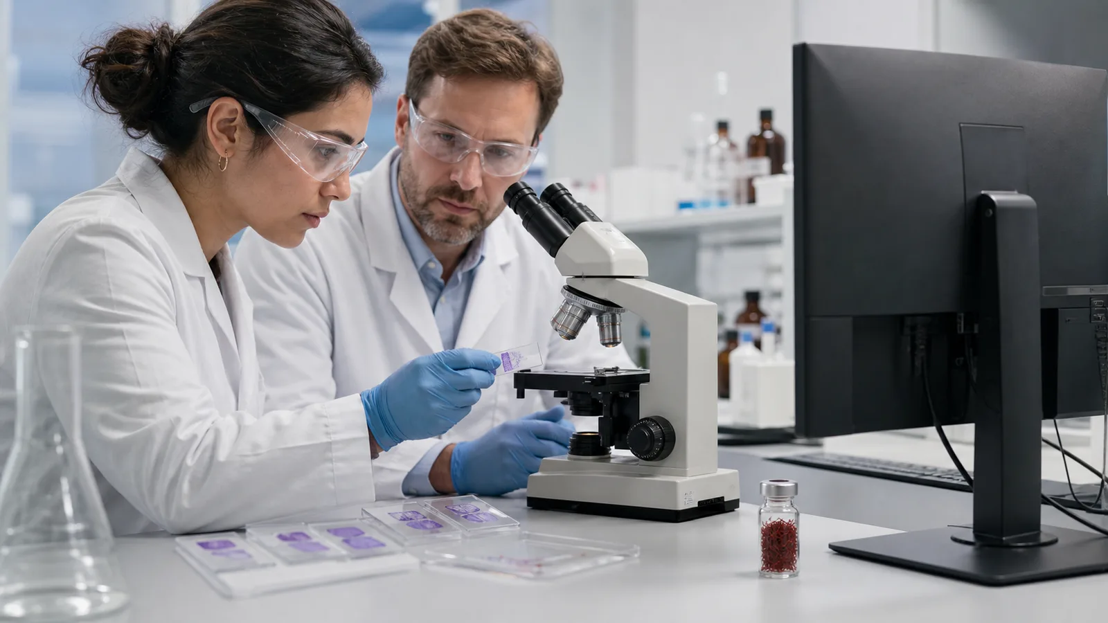 Scientists reviewing preclinical saffron and breast cancer research