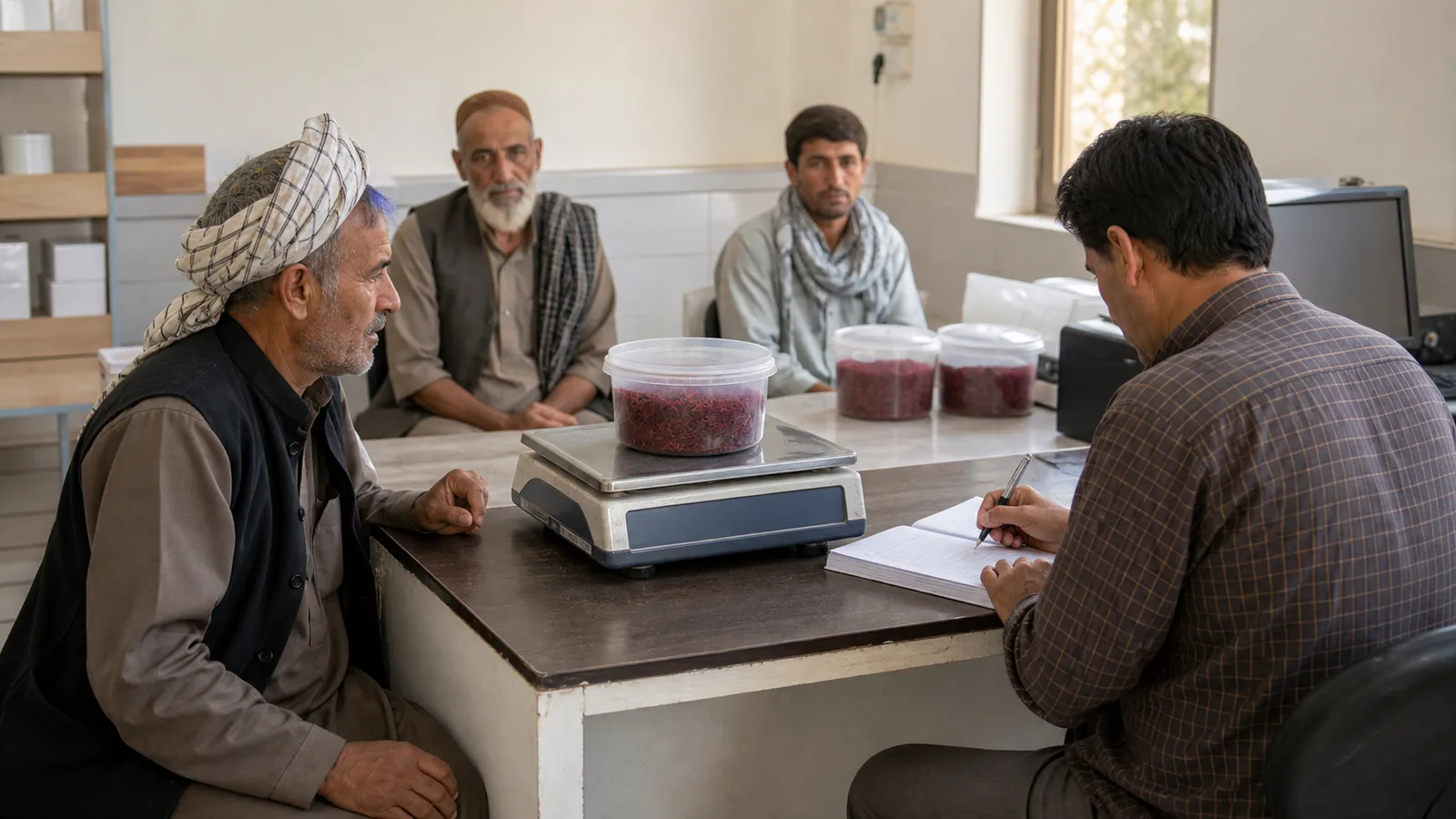 Khorasan saffron grower and cooperative clerk reviewing a purchase record