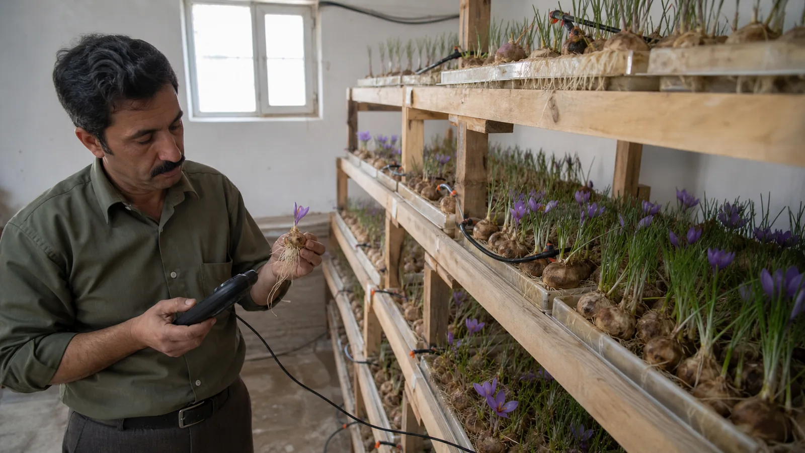 Grower inspecting flowering saffron corms in a soilless Maku growing room