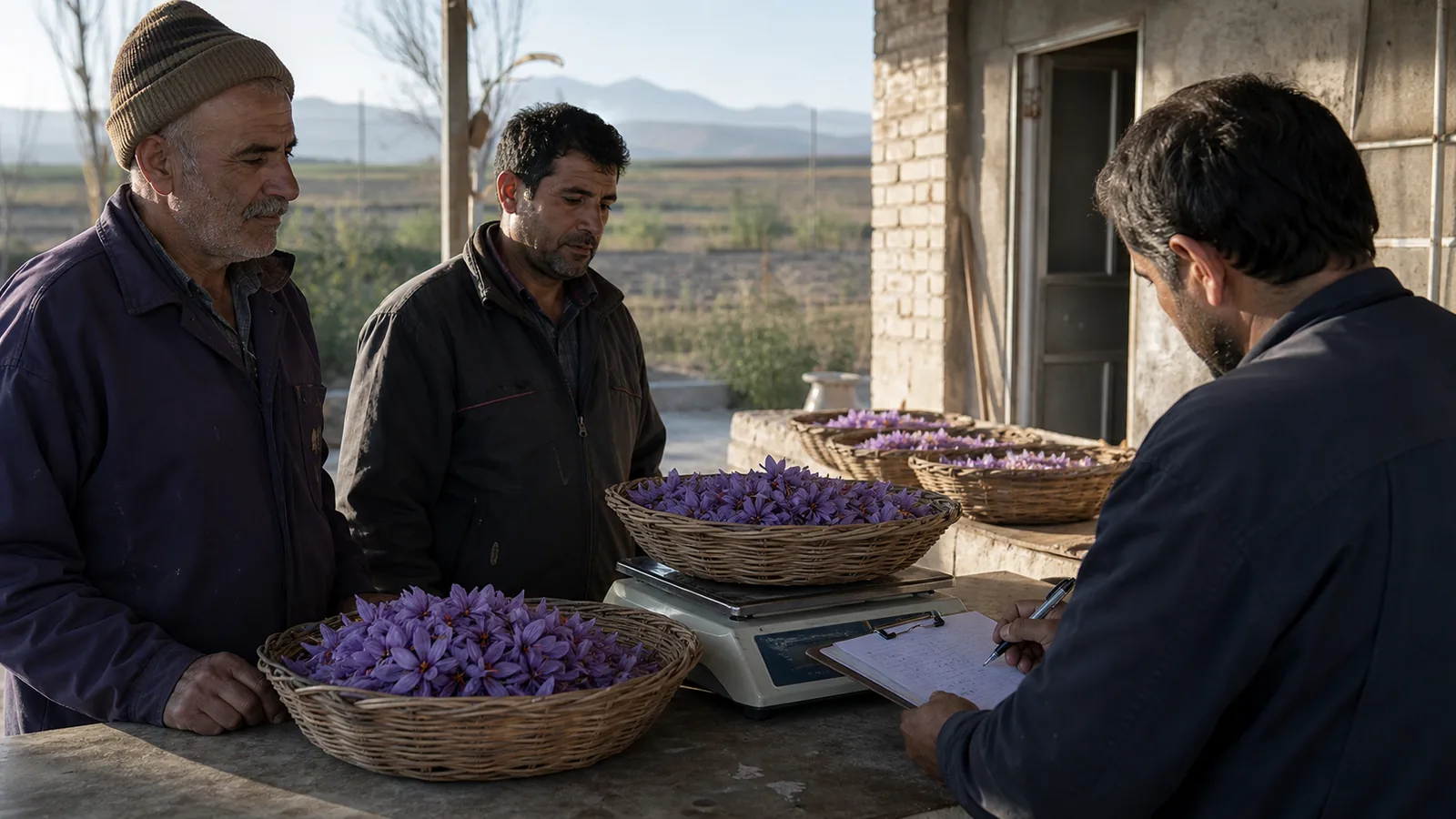 Zaveh growers having baskets of fresh saffron flowers weighed at a cooperative