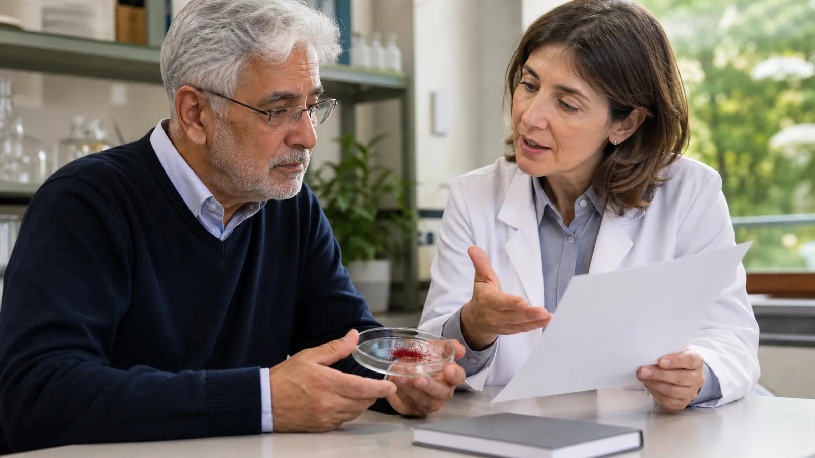 Clinician and older adult reviewing research beside a small dish of saffron threads