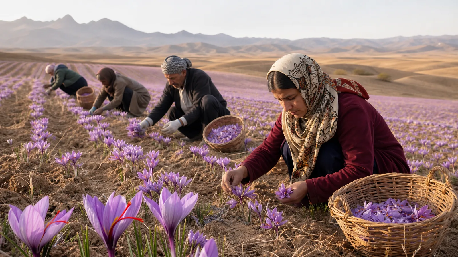 Workers harvesting saffron flowers in a Khorasan field in Iran