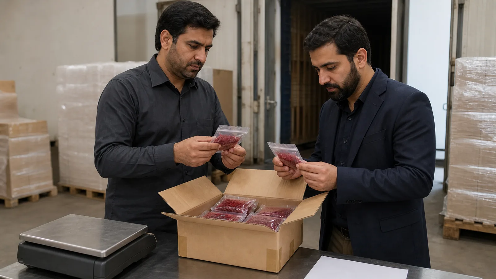 Export professionals inspecting sealed packets of Iranian saffron in a warehouse