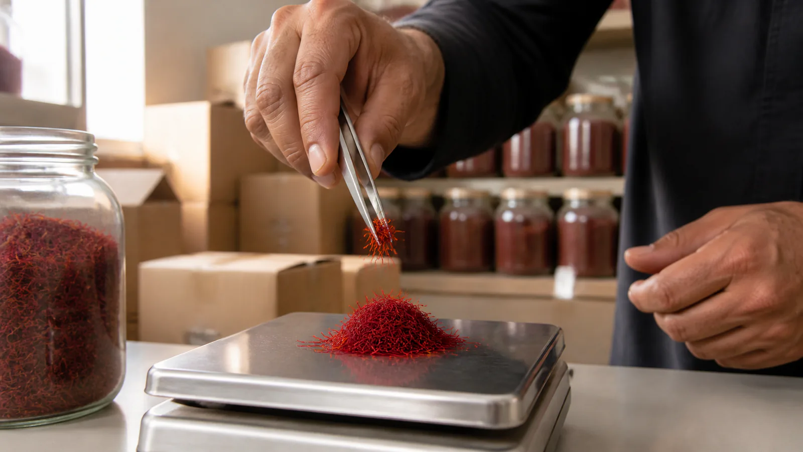 Saffron threads being weighed during a quiet trading period
