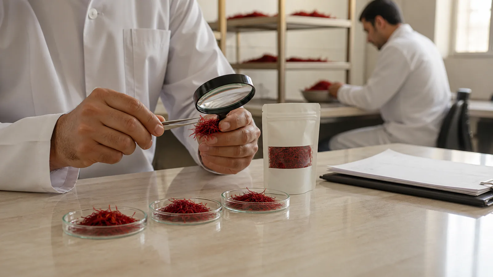 Saffron quality specialists reviewing threads and packaging samples