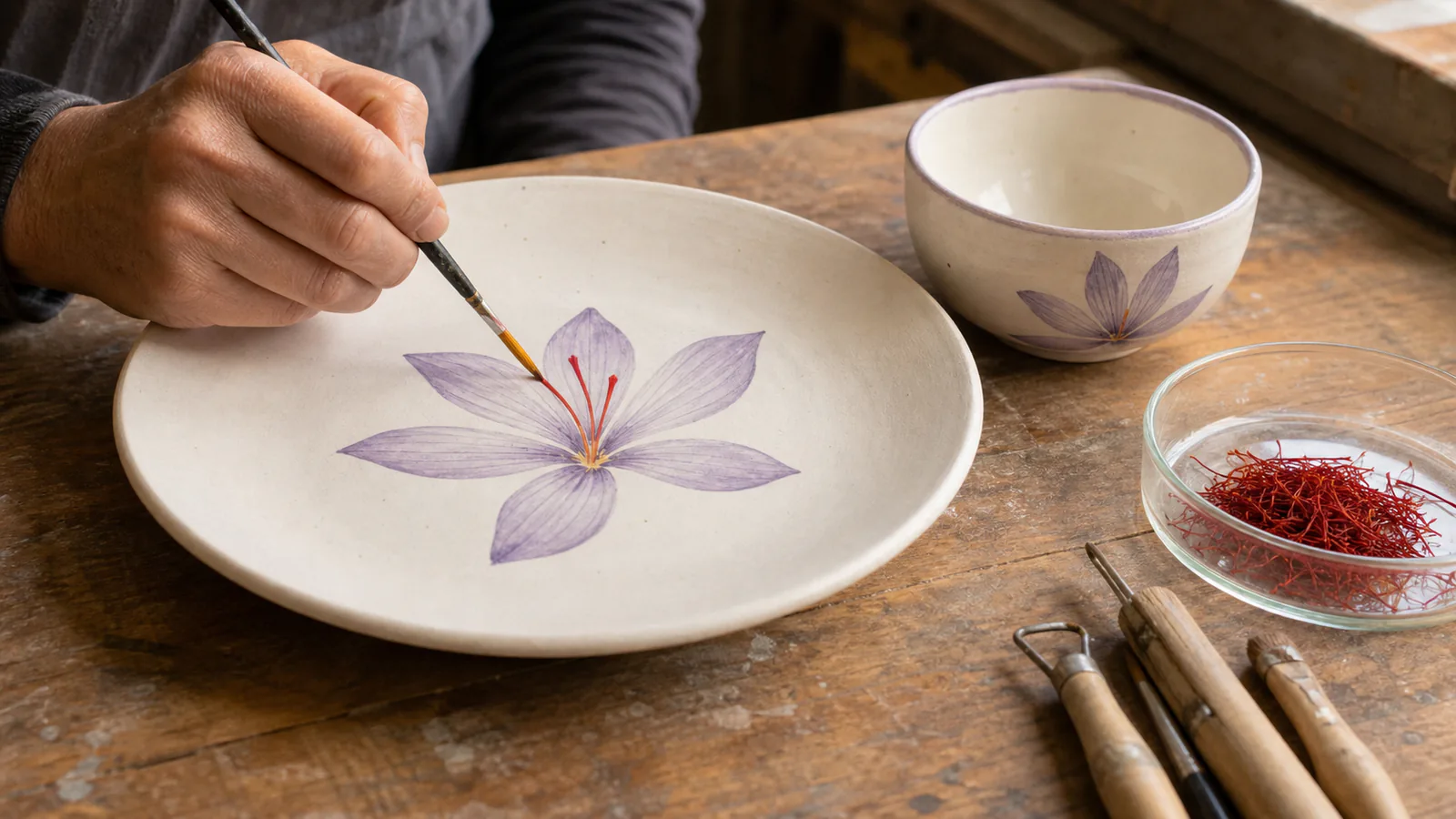 Gonabad pottery decorated with a saffron flower beside saffron threads