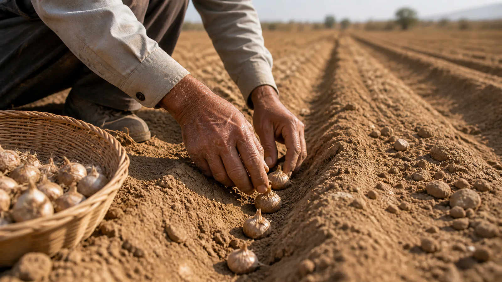 Farmer planting saffron corms in prepared rows in Iran