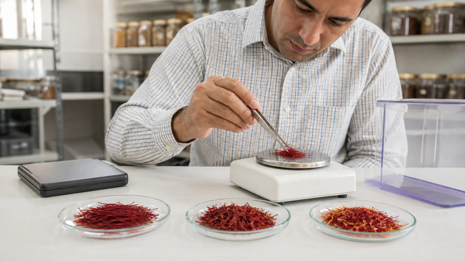 Different grades of saffron being weighed for a wholesale market quotation