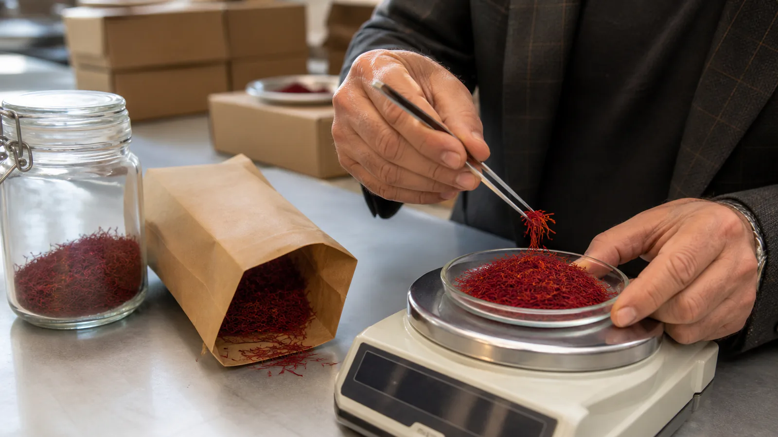 Saffron samples being checked as stored stock returns to the wholesale market