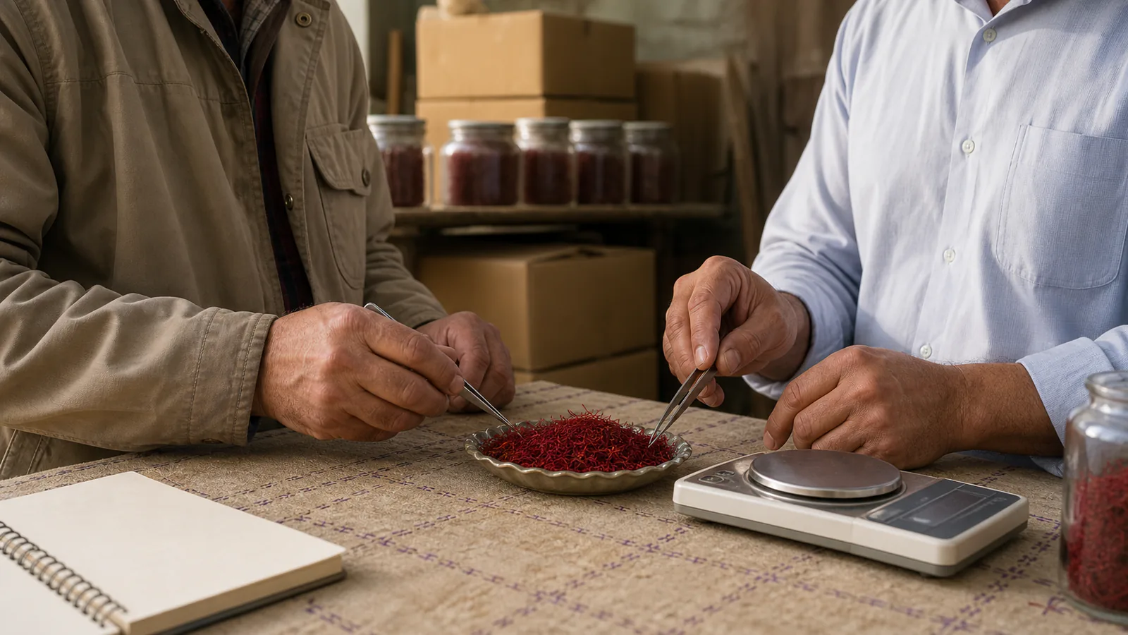 Saffron farmer and exporter examining stored threads before the next harvest