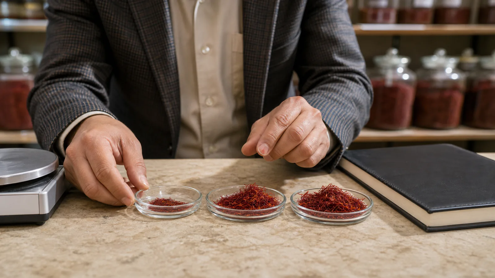 Saffron trader comparing market samples and warehouse inventory