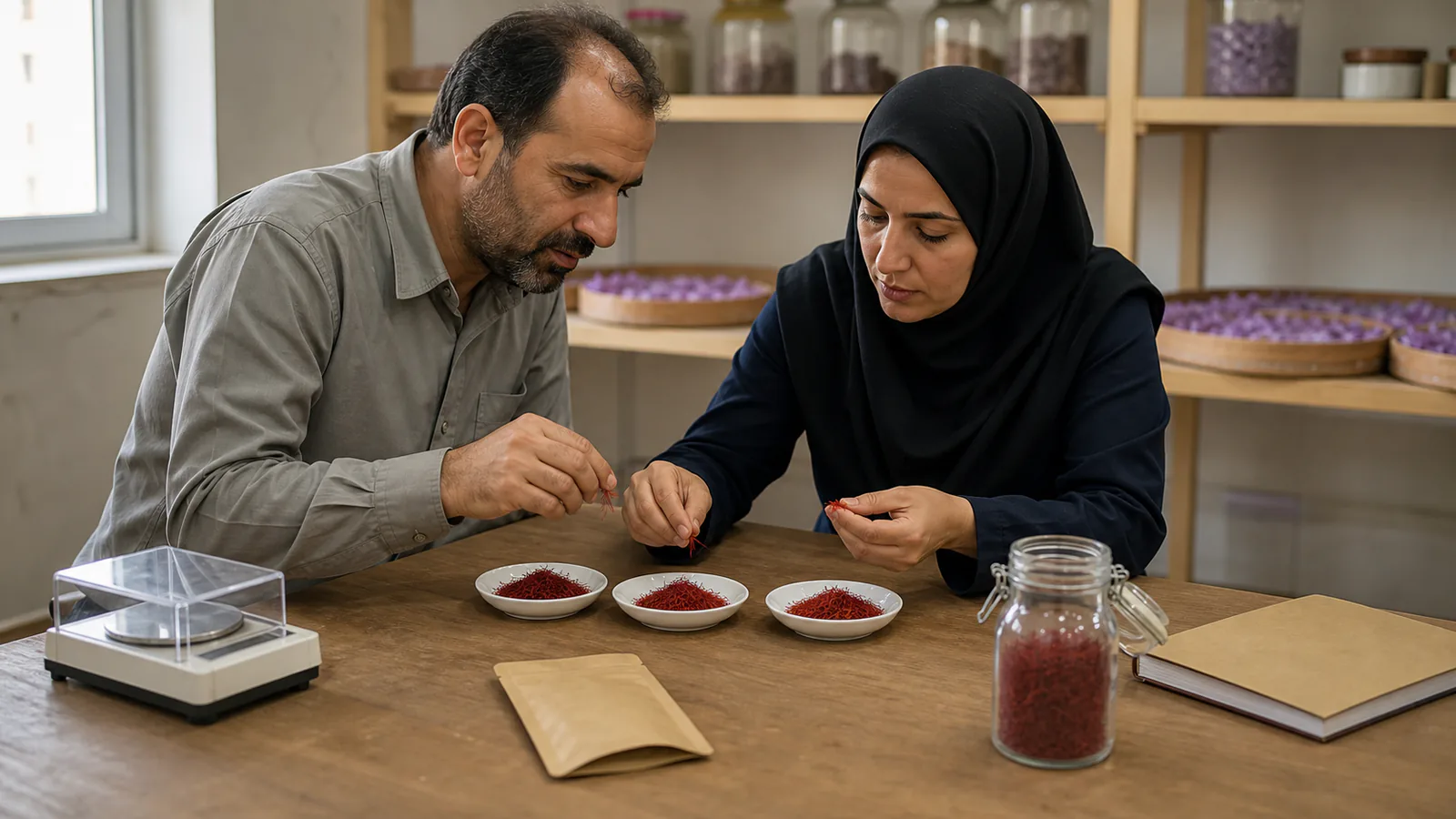 Saffron farmer and quality inspector comparing red saffron thread samples