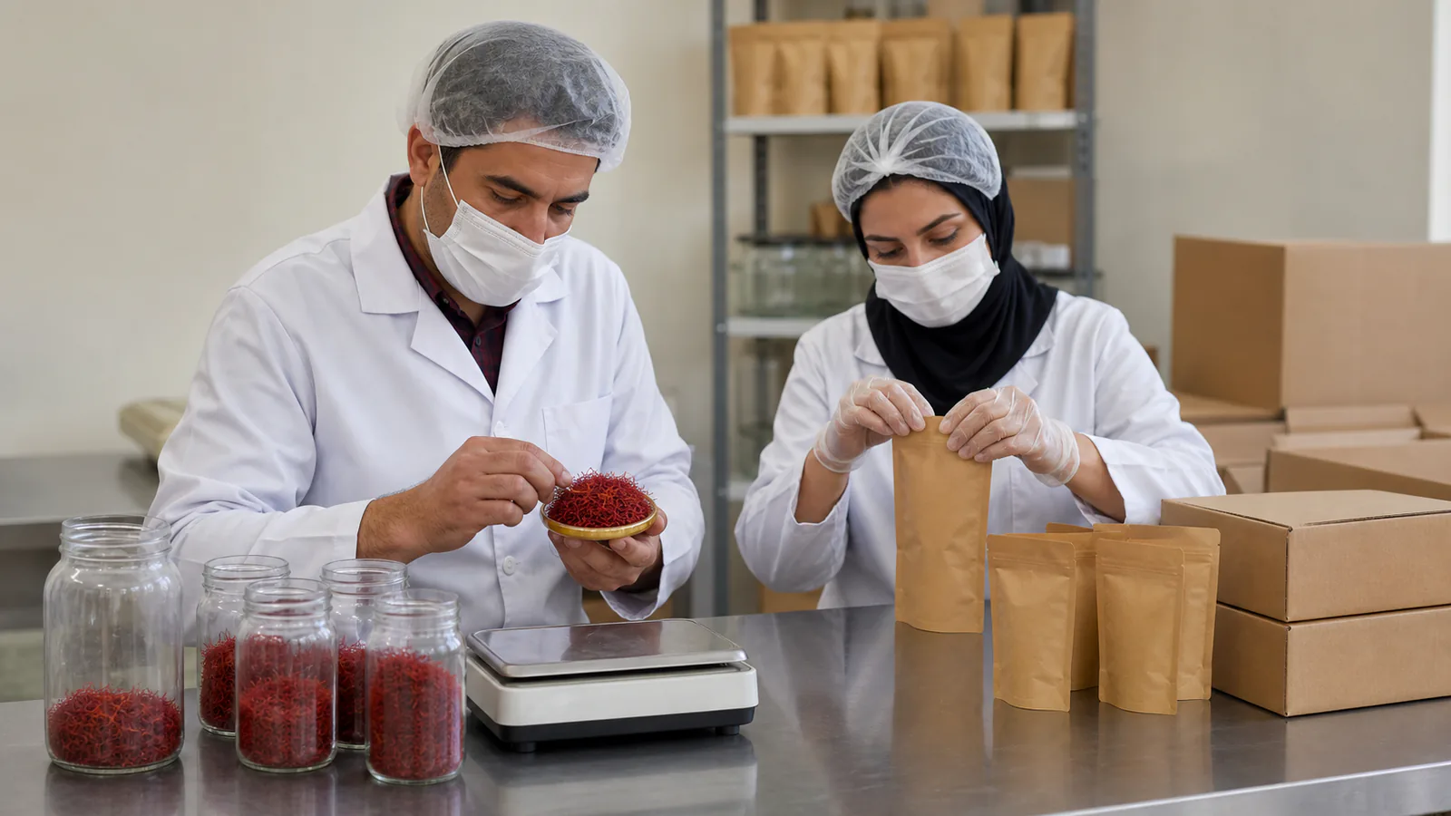 Workers inspect and pack Iranian saffron for export