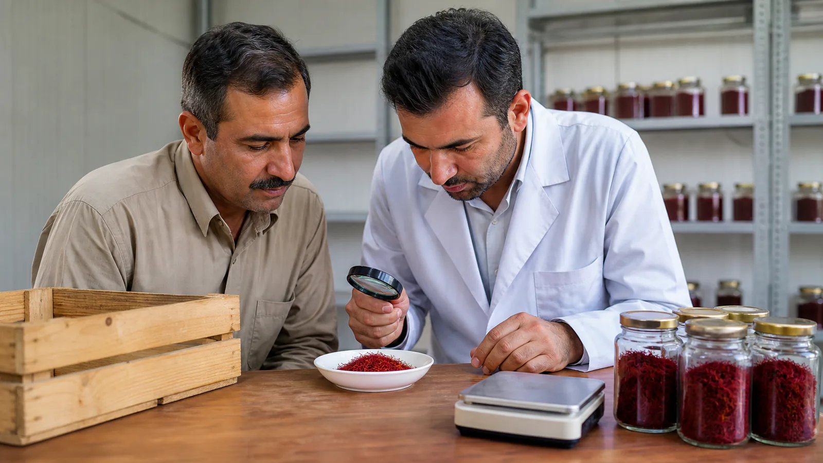 Farmer and warehouse inspector examine saffron for exchange storage