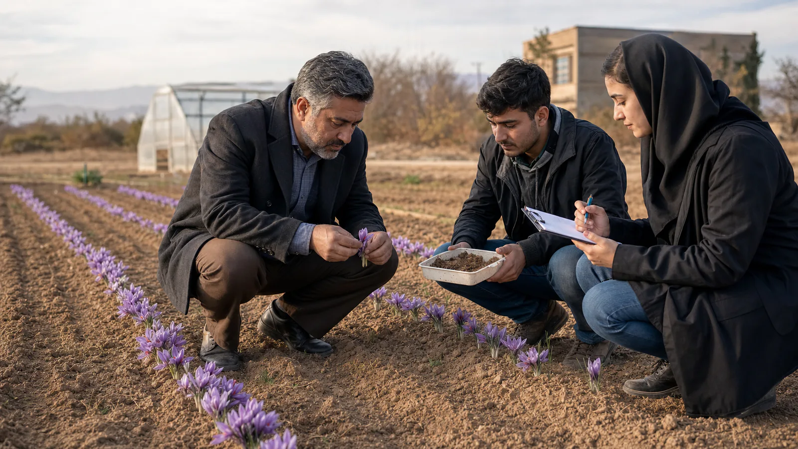 University lecturer and students examine saffron plants in a research field