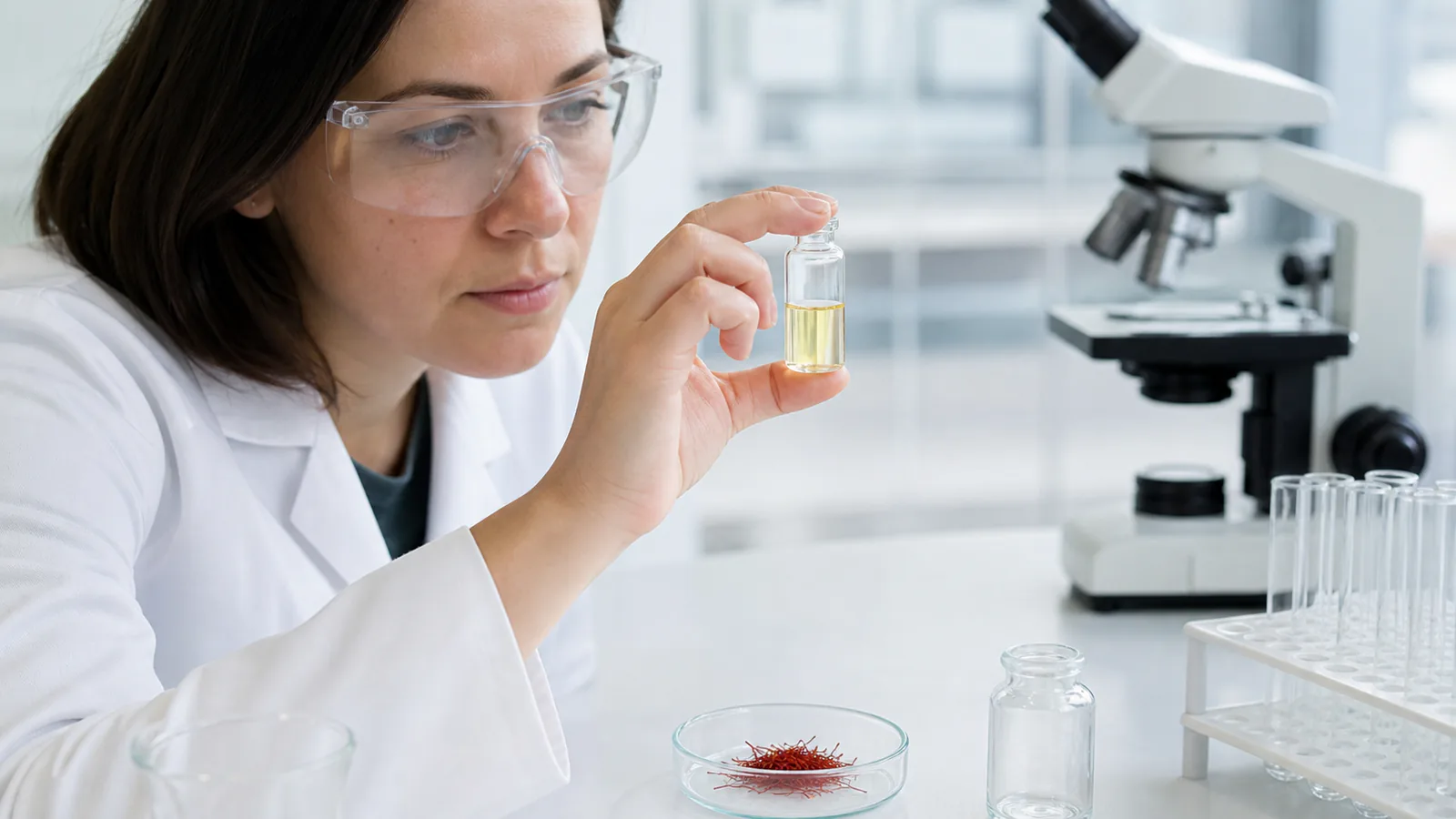 Scientist examines a crocin sample beside saffron threads in a laboratory