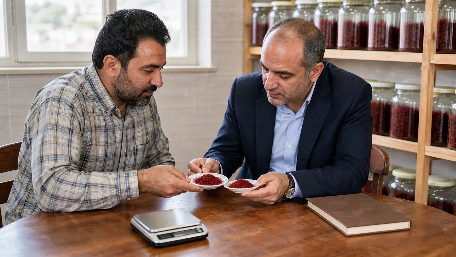 Saffron grower and export buyer compare red saffron samples in a storage room