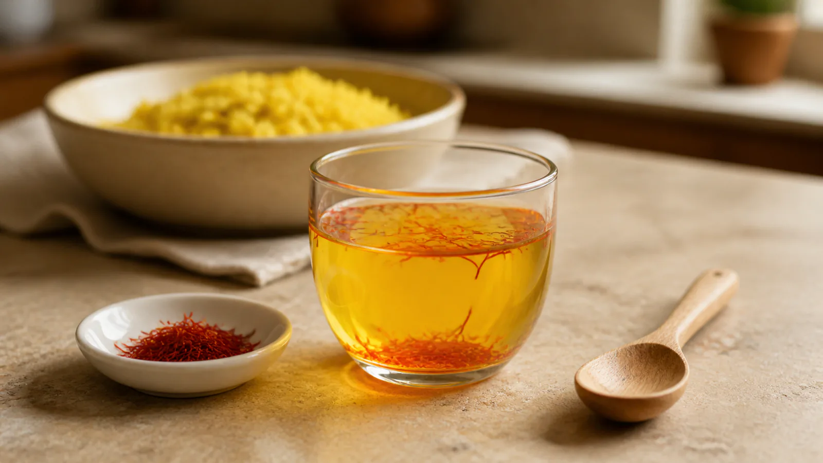 Saffron threads infusing in golden water beside saffron rice and a wooden spoon