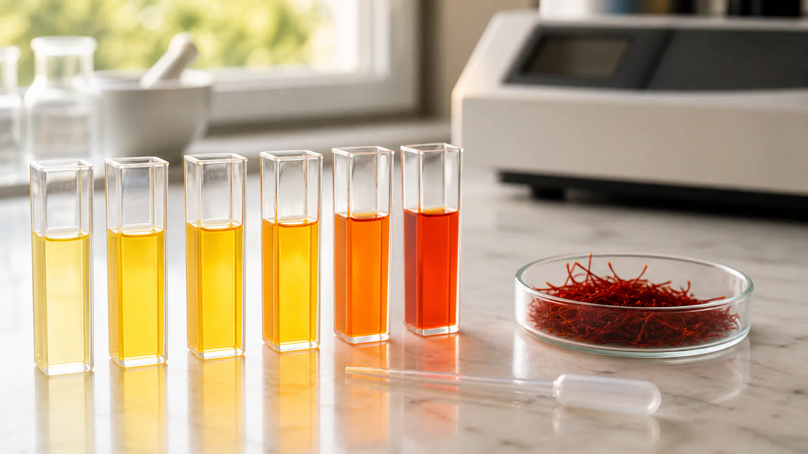 Saffron infusions ranging from pale yellow to deep orange beside red saffron threads