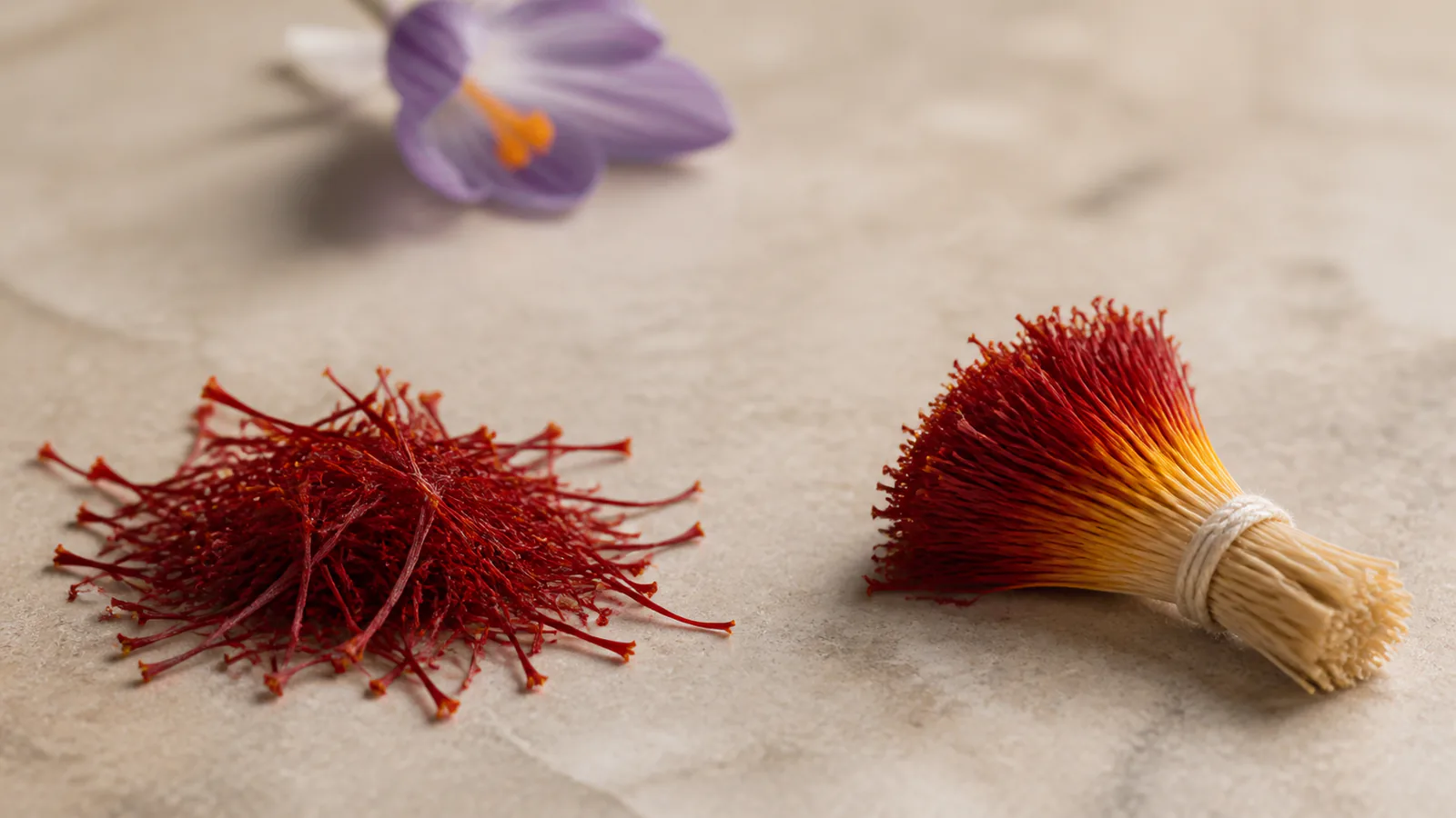 Red Negin saffron threads beside bundle saffron with red stigmas and pale styles