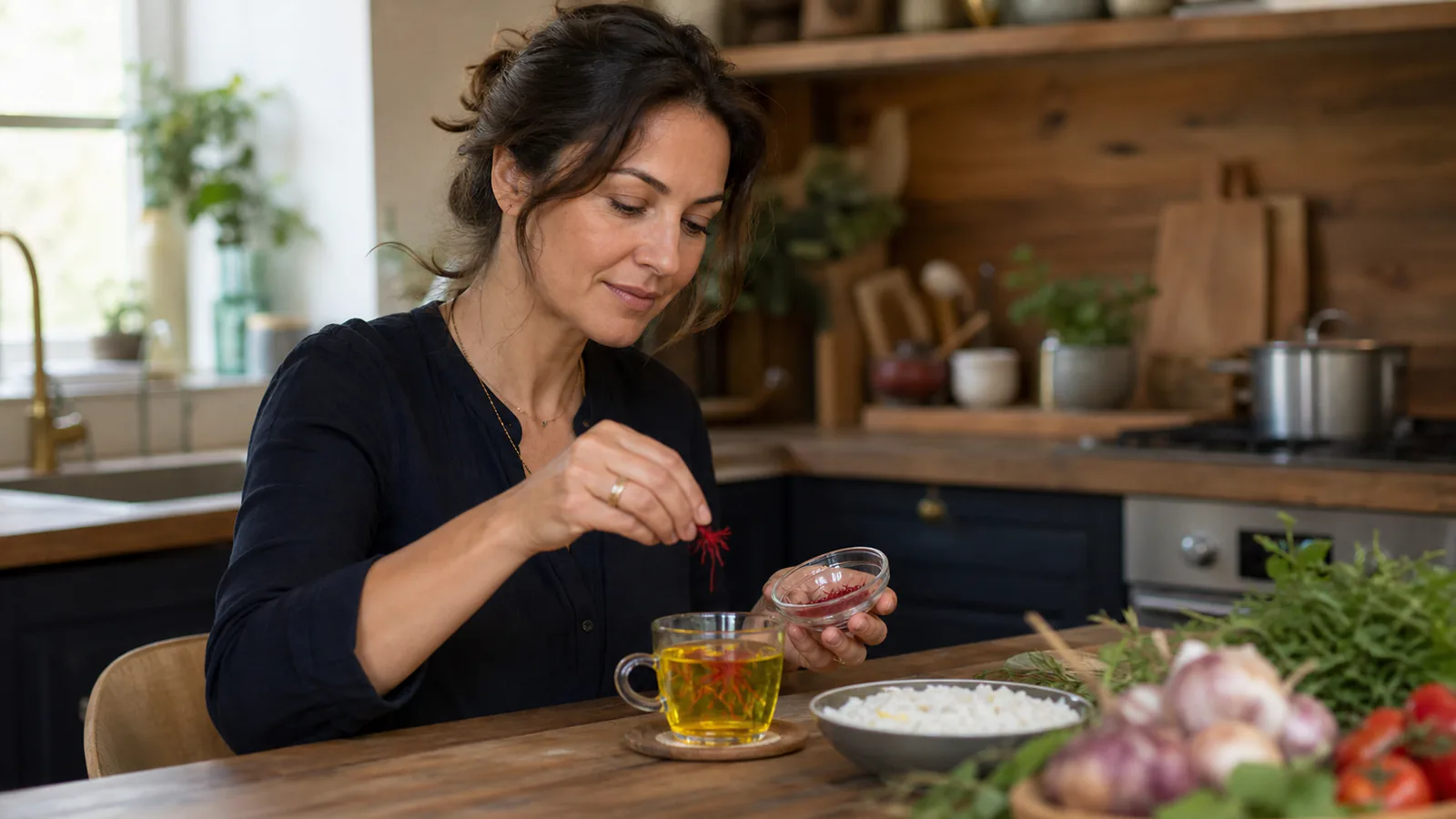 Woman adding red saffron threads to a warm golden infusion in a kitchen